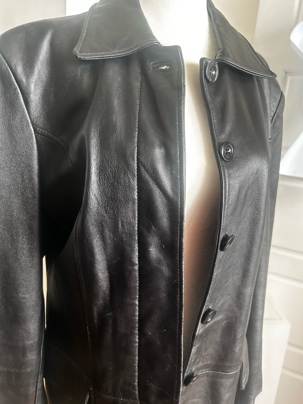 Via Firenze Black Genuine Leather Long Coat Classic Button Front
